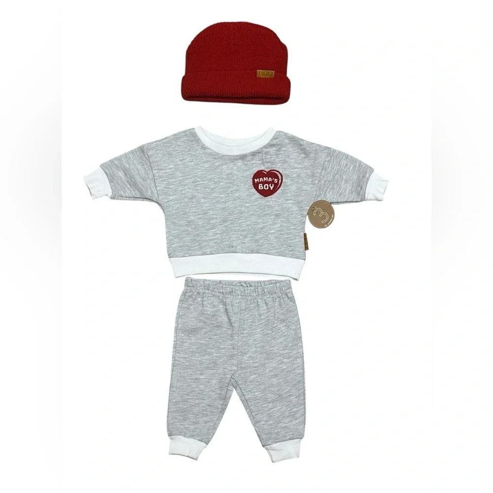 Lila & Jack Infant 3-Piece Set in Heather Gray including a Red Beanie